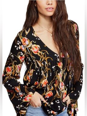 Free People Black Floral V-Neck Tunic with Multicolor Blooms - SZ S